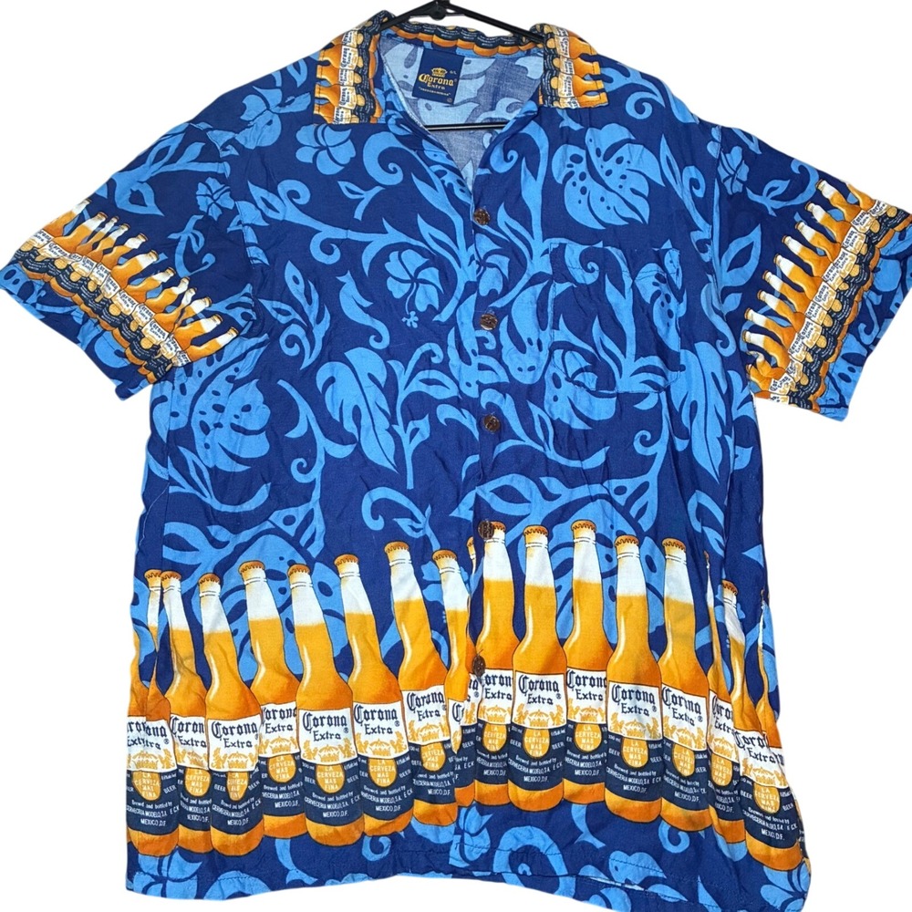 Corona Extra Hawaiian Shirt 100% Rayon Mens Large Blue Beer Bottle Tropical AOP